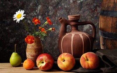 fruit, barrel, apple, pitcher, pear, chamomile, marigolds, apricot, velvet ribbon, flowers, peaches, vase, still life, fabric