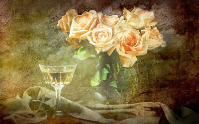 flowers, bouquet, picture, rose, glass, drink, fabric