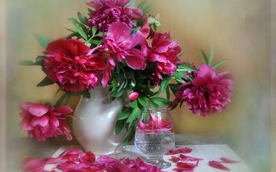 water, glass, peonies, flowers, vase, napkin