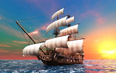 grafik, skepp, skeppet, segelbåt, hav, vatten, solen, månen
