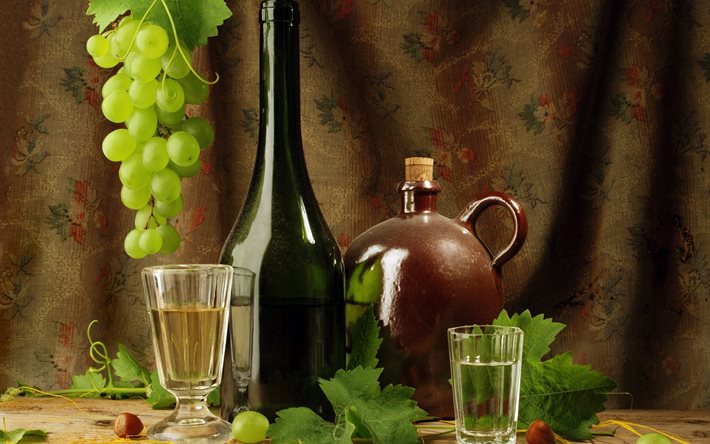 grapes, berries, the bunch, leaves, vine, lapatnic, glass, pitcher, bottle, wine, drink, nuts