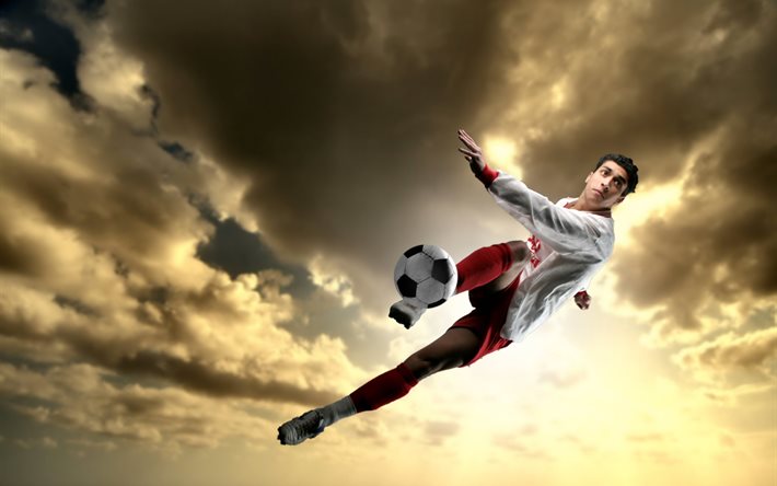 pelaaja, muoto, jalkapallo, pallo, urheilu, isku, taivas