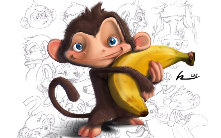 림, 그, 그래픽, 원숭이, banana