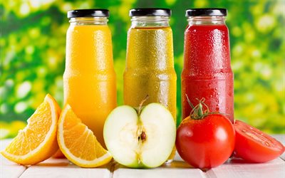 tomato, lemon, apple, bottle, citrus, juice, fruits, vegetables, table, fruit, board, food, greens