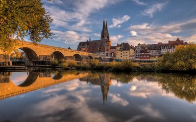 germany, bayern, the city, regensburg, cathedral, home, building, tower, autumn, trees, river, water, the bridge, reflection