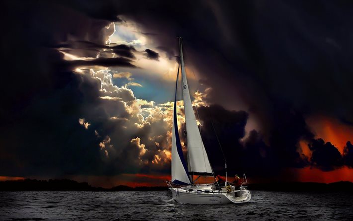 evening, sea, water, sunset, storm, yacht, people