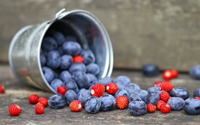 ब्लूबेरी, स्ट्रॉबेरी, ब्लूबेरी के साथ, जामुन, भोजन, बाल्टी