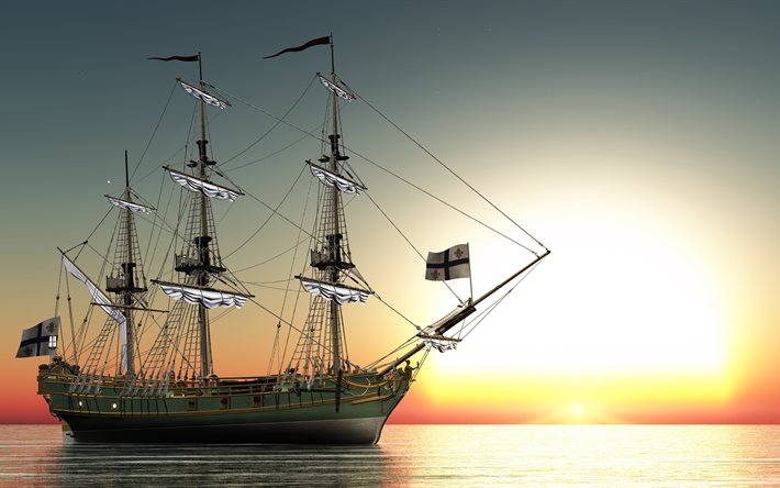 sails, flags, sailboat, sea, the ship, water, ship, the sky, graphics, sunset, evening