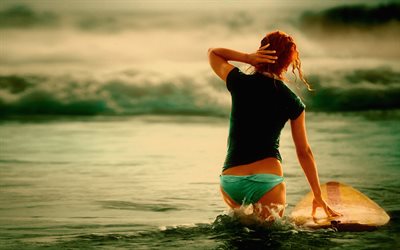maillot de bain, bikini, jeune fille, planche, surf, l'eau, la mer, l'océan, les sports