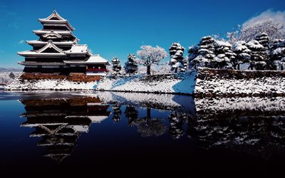 le lac, la pagode, la réflexion, paysage, hiver, neige, arbres
