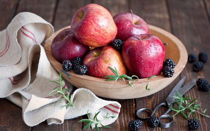 테이블, 향신료, 잔디, 보, 건, 그릇, blackberry, 가위, 열매, 사과, water, 과일, 울