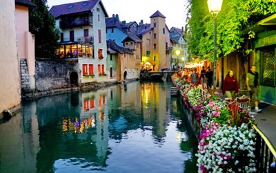 kanal, su, şehir, köprü, Fransa, annecy, ev sokak çiçek