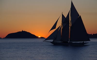 yacht, sailboat, sea, sails, water, twilight, evening, sunset