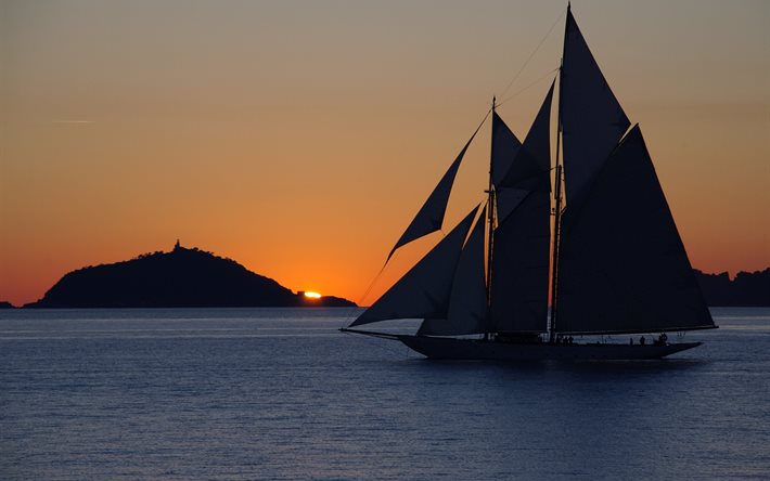 yacht, voilier, la mer, les voiles, l'eau, crépuscule, soirée, coucher du soleil
