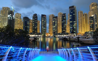 yachts, promenade, water, stairs, dubai, building, the city, skyscrapers, emirates, lights, uae, evening