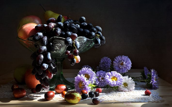 still life, vaso, frutta, frutti di bosco, mele, mazzo, uva, fiori, astri, tovagliolo, pensione