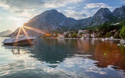 les montagnes, la baie, la maison, le matin, l'eau, le bateau, la mer, le montenegro, monténégro