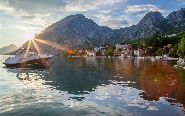 montanhas, baía, casa, manhã, água, iate, mar, montenegro