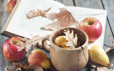 frutas, maçãs, peras, outono, folhas, caneca, placa, livro