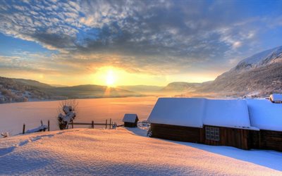 winter, snow, landscape, the sun, the house, mountains, evening