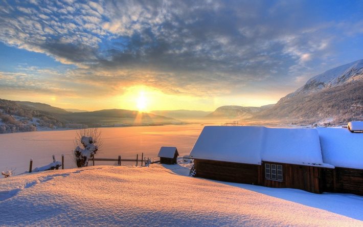 kış, kar, manzara, güneş, ev, dağlar, akşam