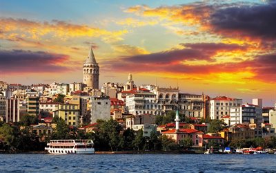 home, building, galata tower, tower, turkey, sea, istanbul, the sky, the city, sunset