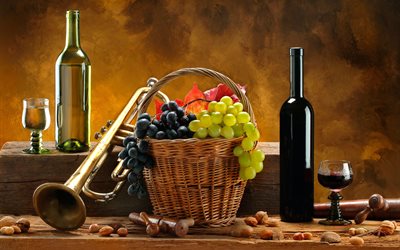 bottle, still life, glasses, drink, wine, basket, berries, bunches, grapes, nuts, corkscrew, pipe, leaves