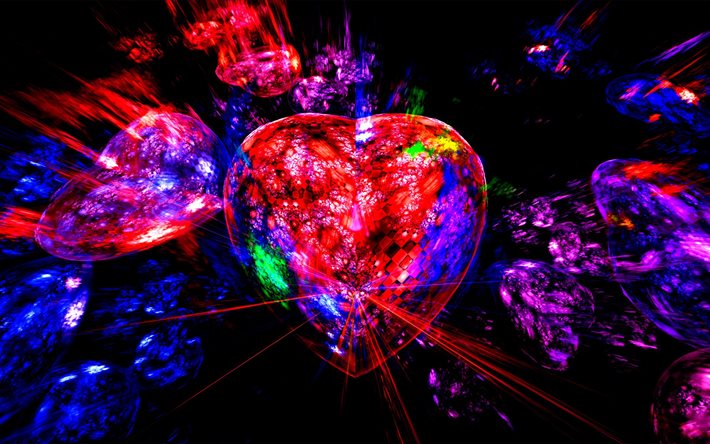 sydän, väri, valo, hahmo, abstraktio, kristalli, grafiikka, säteet