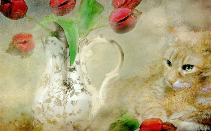 pitcher, flowers, picture, tulips, cat