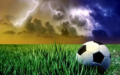 the sky, grass, clouds, field, the ball, football, sports, graphics, lightning