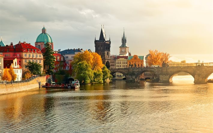Charles, nehir, su, tekneler, Çek Cumhuriyeti, bina, charles Köprüsü, ev, kule, şehir, köprü, Prag, doğa, sonbahar