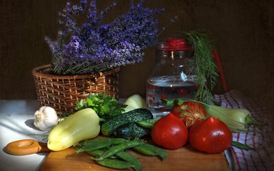 fruits, board, vegetables, towel, pitcher, water, still life, basket, flowers, lavender