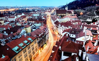 the city, the czech republic, czech republic, prague, home, building, roof, evening, twilight, lights, lighting, architecture, road