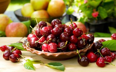 cherry, plate, apples, fruits, leaves, fruit, berries, summer