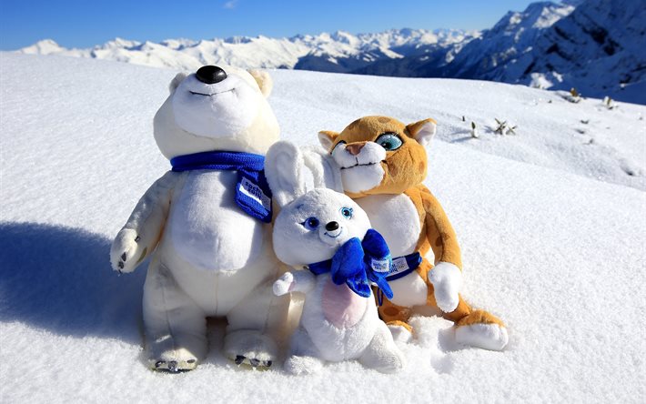 खरगोश, भालू, वर्ण, खिलौने, बर्फ, तेंदुए, सोची, 2014, सर्दी, ओलंपिक, खेल, पर्वत
