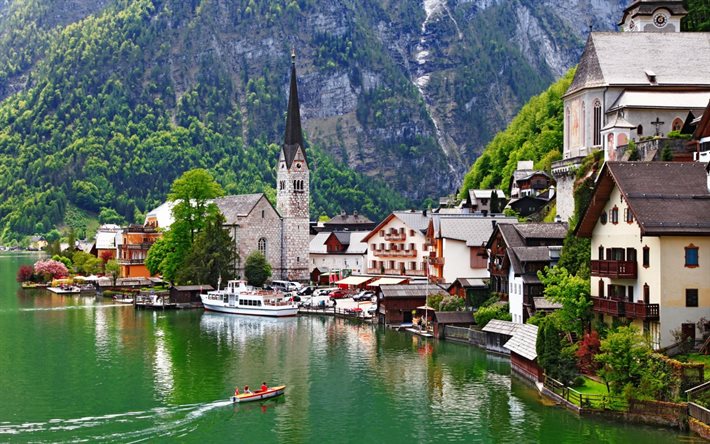 dağ, göl, Avusturya, su, manzara, doğa, ev