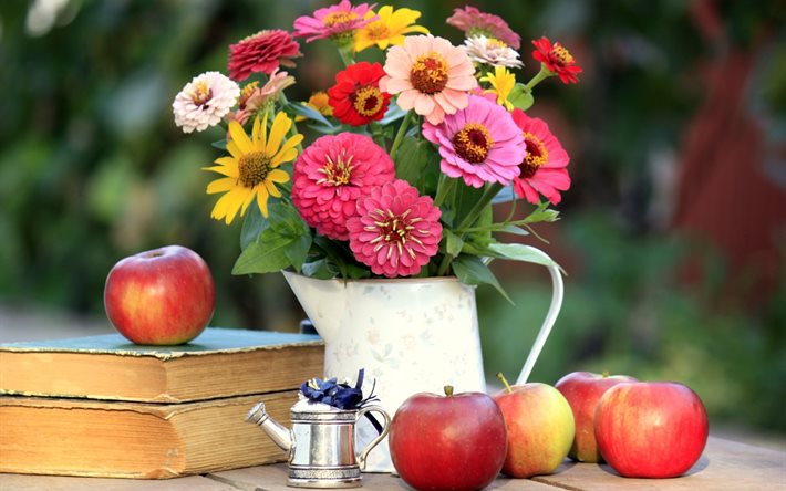 books, lake, apples, fruits, fruit, bouquet, flowers, pitcher, still life, board