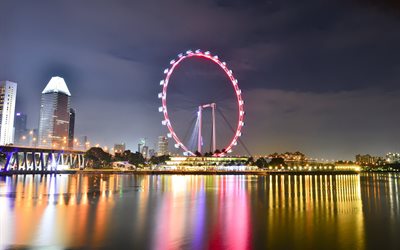 immeuble, maison, de l'eau, lumières, nuit, singapour, la ville, la roue