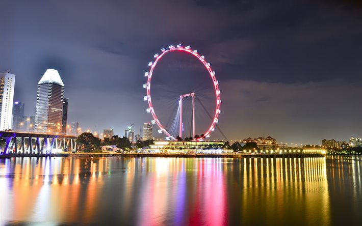 building, home, water, lights, night, singapore, the city, wheel