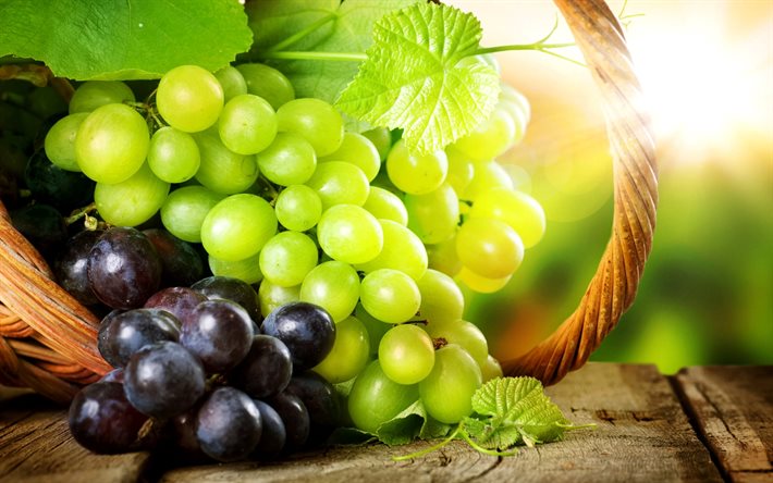 bunches, basket, grapes, handle, leaves, table, berries, board, the sun, light