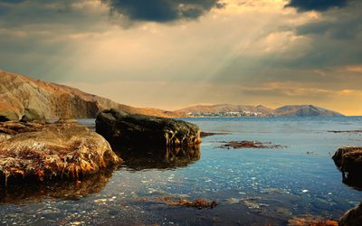 sea, crimea, bay, water, stones, landscape, shore, mountains, nature, the sky, clouds, rays