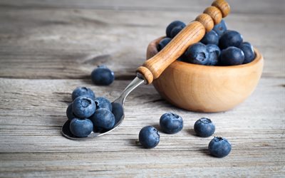 spoon, table, bowl, blueberries, berries, food, board