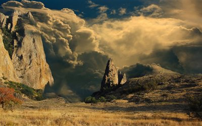 collage, mountains, fantasy, rock, landscape, the sky, nature, clouds