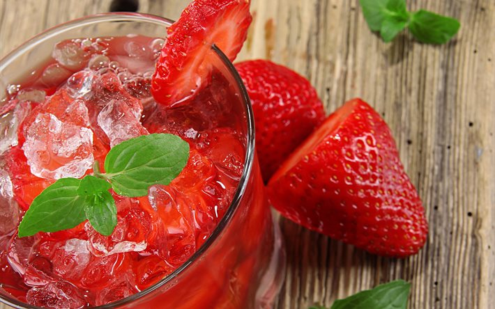 drink, strawberry, glass, berries, ice, food, leaves