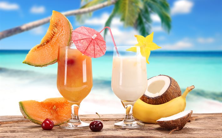 cócteles, copas, par, beber, bayas, frutas, orilla, el verano, el coco, el plátano, el melón, la naturaleza, la cereza, la junta, los árboles, los alimentos, la paja, el océano, el agua, la palma