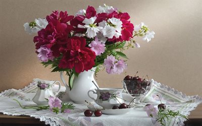 dishes, serving, the vase, table, flowers, berries, vase, cherry, still life, napkin