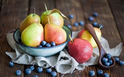 fruit, pears, blueberries, board, berries, tree, plate, spoon, food, fabric, water, drops