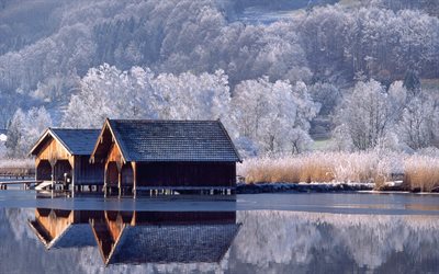 landscape, winter, water, trees, frost, home, reflection