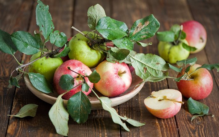 leaves, table, water, board, bowl, branches, apples, fruits, fruit, drops