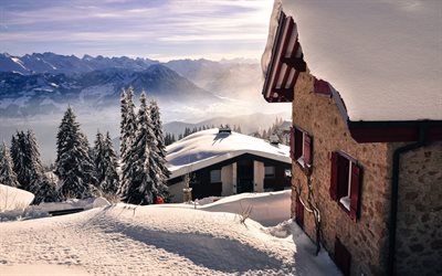 風景, 冬, 雪, の斜面, 食べ, ホーム
